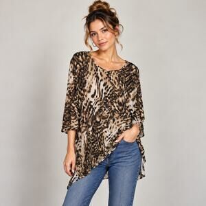 Susan Graver Liquid Knit Blouse Women's Size 2X Asymmetrical Animal Print Office